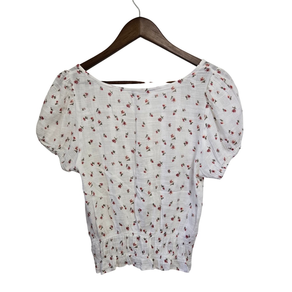 American Eagle Floral Puff Sleeve Smocked Crop Top White Red Womens Medium M - Picture 2 of 6